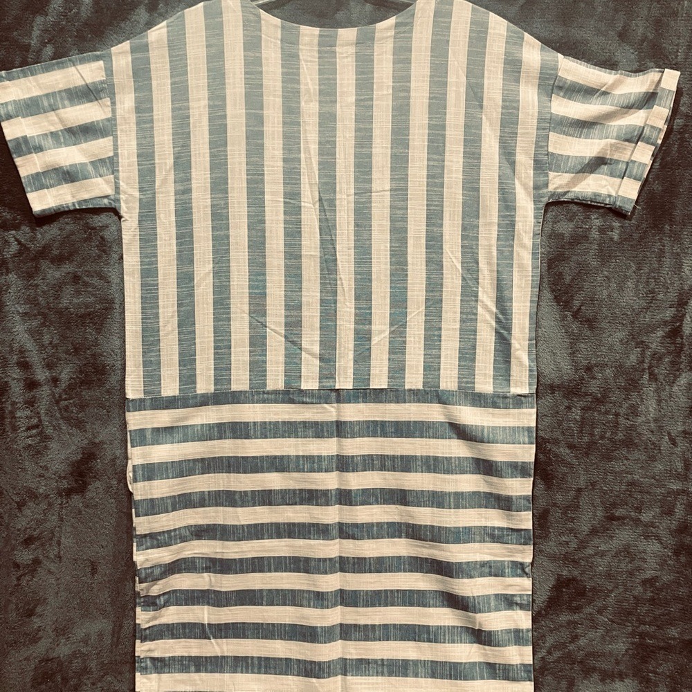 100% Cotton Blue/ White short-sleeved, striped, block-patterned shift dress Sz L - Picture 3 of 8